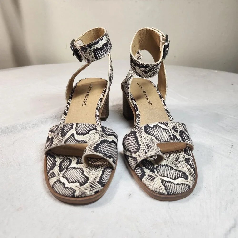 Lucky Brand Size 7.5 Women' Sandals Loklin Snake Print Ankle Strap Brown (32) - Picture 8 of 11